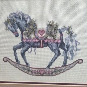 Framed Handmade Cross Stitch Rocking‎ Horse Needlepoint Art Nursery Decor 2002